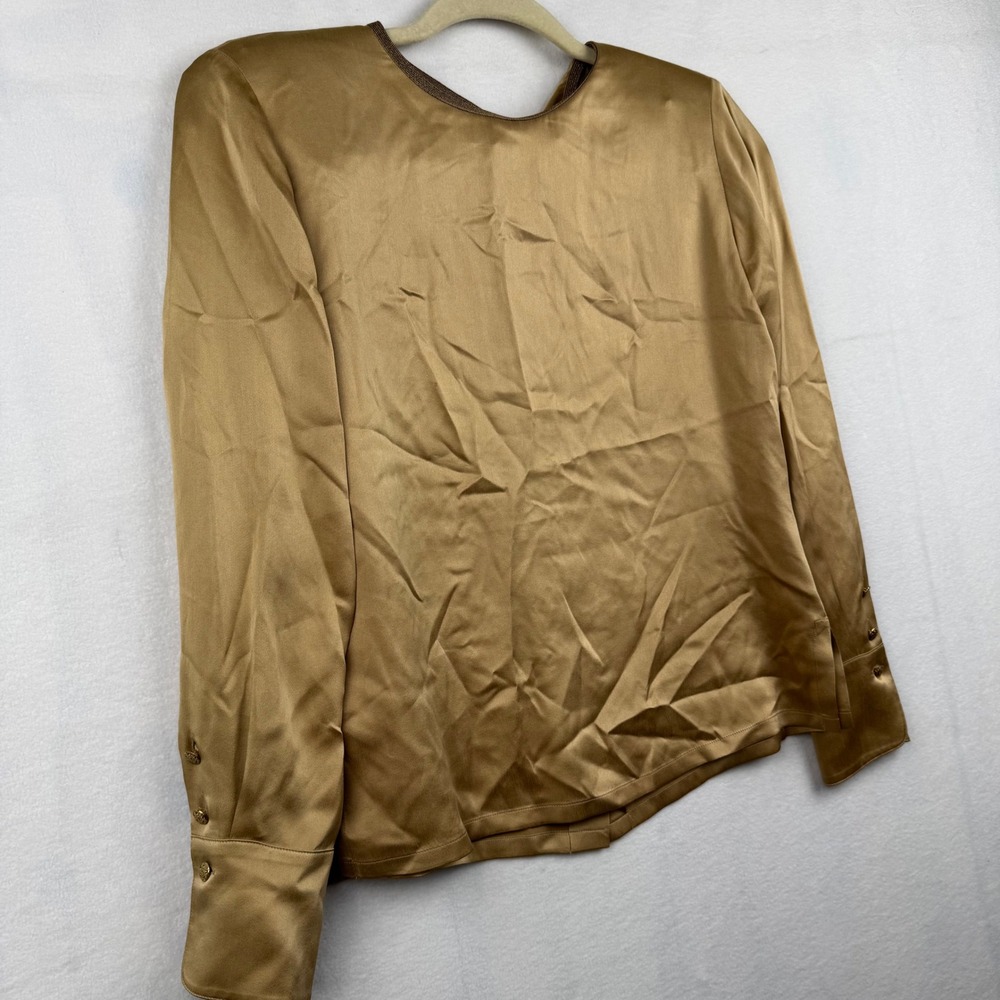 Dana Buchman Petite Silk Button Down Blouse, Gold Long Sleeve‎ Top, Size 2P